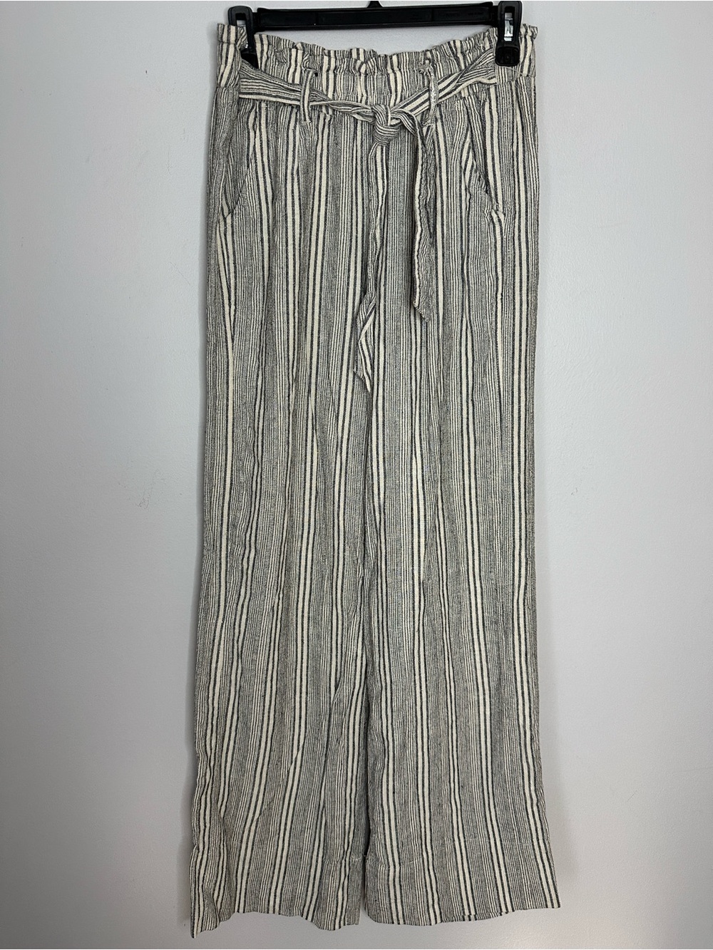 Striped Wide Leg Tie-Waist Linen Pants in Black & Cream size M